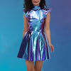Women Metallic Shiny Dress Holographic Solid Color Turtleneck Pleated Dress Carnival Costume Gold Silver Rave Dress Outfits
