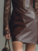 PU Leather Dresses for Women Elegant Brown Shirt Collar Half Zip Lace Long Sleeve PU Leather Mini Dress Vintage Slim Fit Dress