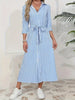 Women Blue White Vertical Striped Shirt Midi Dress Turn Down Collar Button Front Belt Waist Tie Waist 3/4 Sleeve Split