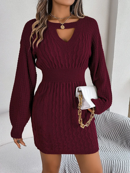 Autumn Winter Solid Color Woolen Dress O-Neck Lantern Long Sleeve Hollow Out Knitted Mini Dresses Woman Clothing