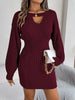Autumn Winter Solid Color Woolen Dress O-Neck Lantern Long Sleeve Hollow Out Knitted Mini Dresses Woman Clothing