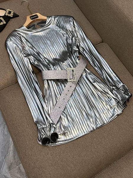 Women's Sexy Glitter Flare Long Sleeve Belted Pleated Mini Party Dress