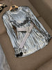 Women's Sexy Glitter Flare Long Sleeve Belted Pleated Mini Party Dress