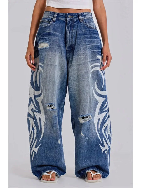 Deeptown Vintage Y2k Ripped Jeans Women Harajuku Print Blue Baggy Distressed Denim Trousers Hip Hop Grunge Streetwear Wide Jeans