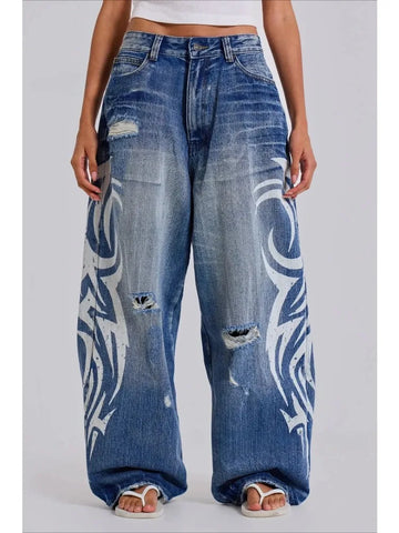 Deeptown Vintage Y2k Ripped Jeans Women Harajuku Print Blue Baggy Distressed Denim Trousers Hip Hop Grunge Streetwear Wide Jeans