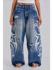 Deeptown Vintage Y2k Ripped Jeans Women Harajuku Print Blue Baggy Distressed Denim Trousers Hip Hop Grunge Streetwear Wide Jeans