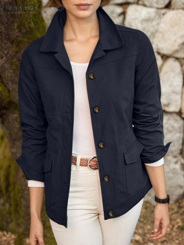 Women Autumn Jackets Casual Turn-Down Collar Long Sleeve Button Up Solid Outerwear Commuting Work Wear Overshirts