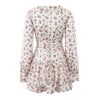Women White Pink Flower Print Puff Long Sleeve Dress Open Buttons Wood Ears Ruffles Hem Mini Shirt Dresses Holiday Robe