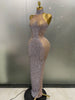 Sexy Sparkly Silver Rhinestone See Through Mesh Long Dress Women Evening Birthday Party Bar Stage Show Costume