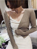 Korean Pearl Button Women Bright Silk Thin Sweater Coat Sexy V-Neck Knitwear Tops Korean Gold Silver Knitted Cardigan
