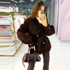 Women Short Belted Trench Coat Lapel Double Breasted Long Puff Sleeve Loose Fit Jacket Casual Daily Office Ladies Outerwear