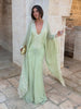 Elegant Green Lace V Neck Maxi Dress Women Chic Full Flared Sleeve Pleated Slim Fit Layered Gown Evening Wedding Guest Robe
