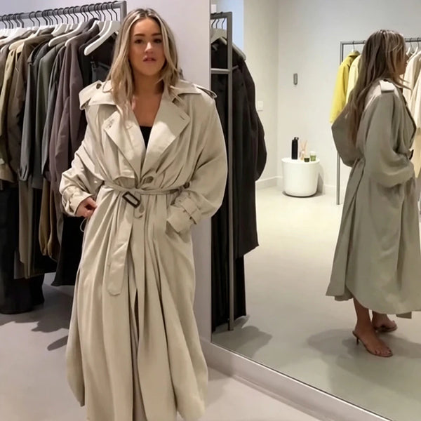 Women Chic Trench Coat Waist Belt Lantern Sleeves Draping Pleat Long Oversize Outerwear Autumn Winter Elegant Mantel Outfit