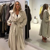 Women Chic Trench Coat Waist Belt Lantern Sleeves Draping Pleat Long Oversize Outerwear Autumn Winter Elegant Mantel Outfit
