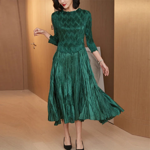 Pleated Women's Dress Folds Designer Loose Long Sleeve Female Elegant Pleated Dresses Autumn