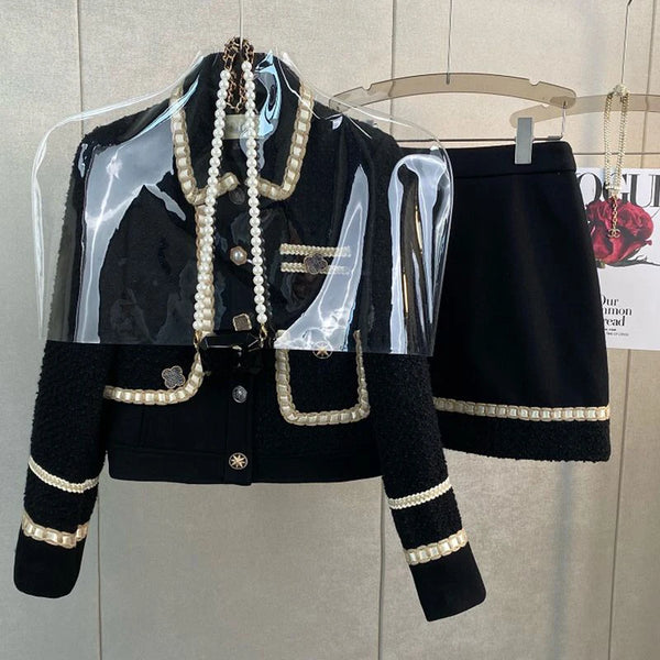 S-2XL Women Tweed Jacquard Black Suit Jacket Coat Top And Mini A Line Skirt Two Piece Set Elegant Outfit Winter Party Cloth