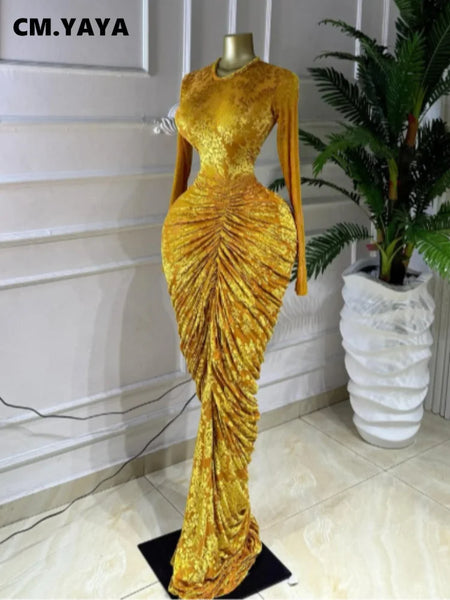 Women Velvet Ruched Stacked Long Sleeve Bodycon Midi Maxi Dress Street Party Sexy Vacation Long Dresses Vestidos