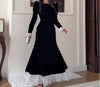 Women Dress Spring Autumn Square Collar Long Sleeve Velvet Patchwork Lace Cinched Waist Elegant Temperament Long Dress