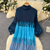 Tassel Patchwok Color Block Dress for Women Pleated Puff Sleeve Mid-calf Dresses Female Autumn