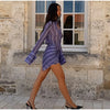 Women Chic Vacation Outfits Striped Print Sheer Chiffon Shirt Casual Turn-down Collar Mini Dress & Detachable Scarf