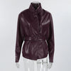 Lady Retro Burgundy Belted Leather Jacket Solid Stand Collar Long-sleeved Cropped Coat Women Daily Street Outerwear