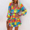 Women's Long Sleeve Mini Dress V-neck Drawstring Leopard Printed Waist Tied Dress Elegant Office Lady Dresses For Women
