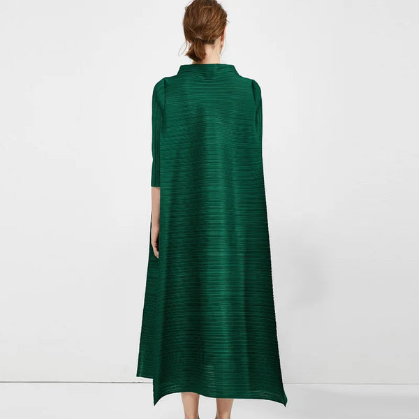 Pleated Long Sleeved Turtleneck Solid Painted Dress Women Designer Elegant Loose Plus Size Clothing