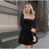 Elegant Square Neck Diamond Short Velvet Dress For Women Two Pockets Slim Office Ladies Outfits A-Line Long Sleeve Dress