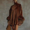 Autumn Winter Elegant Turtleneck Knitted Dress Women Sexy Lace Splicing Solid Color Short Dress Ruffle Draped Mini Dress