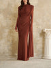 Solid Draped Neckline Long Dress Women Elegant Full Sleeve Cinched-waist Pleated Bodycon Robe Lady Chic Evening Dinner Gown