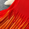 Tassel Patchwok Color Block Dress for Women Pleated Puff Sleeve Mid-calf Dresses Female Autumn