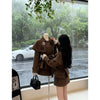 French Casual Retro Tweed Two Piece Set Women Autumn Winter Slim Double Breasted Cape Coat + Belted Skirt Elegant Vintage Outfit