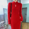 Women' 100%Pure Mink Cashmere Dress Stand-Up Collar Buckle Slim Knit Long Skirt High Waist Over The Knee Bottoming Dress