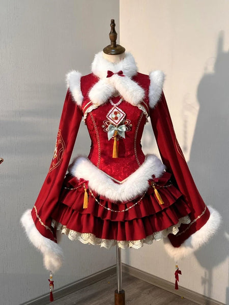 Winter Christmas Year Sweet Lolita Style Dress Womens Y2k Faux Fur Design Warm Dress Female Chic Korean Clothes
