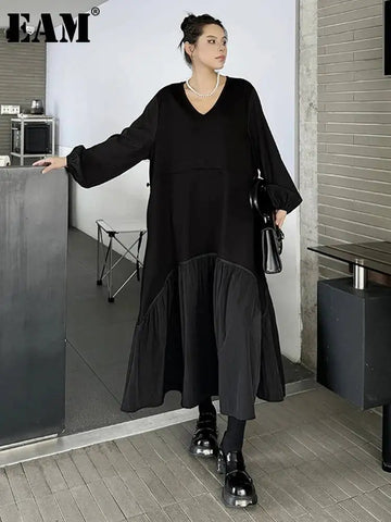 Women Black Waist Drawstring Big Size Casual Midi Dress V-Neck Long Sleeve Tide Autumn 1DJ3697