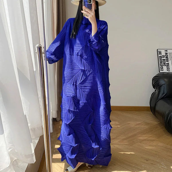 Women's Pleated Dress Elastic Loose Three Quarter Sleeve Stand Collar Dresses With Irregular Pleats2DB8596