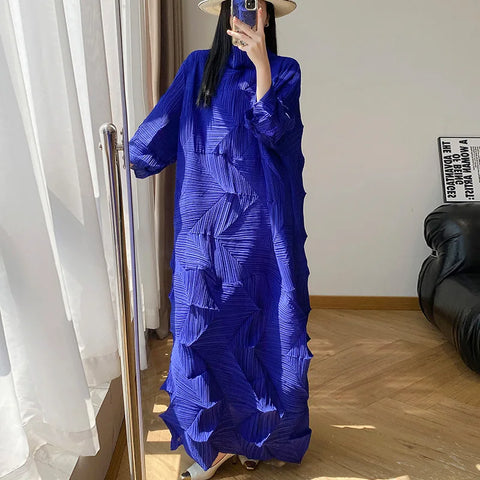 Women's Pleated Dress Elastic Loose Three Quarter Sleeve Stand Collar Dresses With Irregular Pleats2DB8596