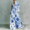 Retro Pattern Print High Waist Pleated Dress Woman Spring Shirt Collar Button Pockets Maxi Dress Long Sleeve Boho Vacation Dress