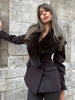 Women Big Faux Fur Lapel V‑Neck Wool Blend Blazer Jacket Double Button Fitted Waist Long Sleeve Elegant Outerwear Coat