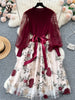 Senior Knitted Patchwork Dress Long Lantern Sleeves Bow Mesh Embroidery Floral Women Autumn France Elegant Party Dress