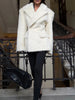 Women White Fuzzy Wool Blazer Notched Lapel Double Breasted Fluffy Thick Winter Elegant Coat