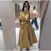 Women's Trench Style Midi Dress Stand Collar Cape Overlay Short Sleeve Belted Waist A‑Line Dresses Autumn Elegant Office Outfits