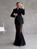 Elegant Solid Blazer Skirt Set Women Long Sleeve Button V-neck Blazer Lace See Through Long Skirts Spring Party Lady Suit