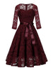 Sweetheart Neck Elegant Lace Long Swing Dress Women 3/4 Length Sleeve Belted Spring Autumn Vintage Ladies Midi Dresses