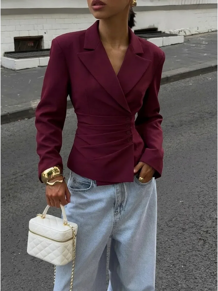 Limo Notched Lapel Wrap Blazer Ruched Waist Side Button Detail Slim Fitted Long Sleeve Women Elegant Cropped Suit Jacket