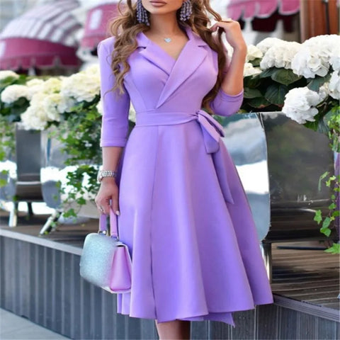 Women's V-neck Strap Waist Dress Mid-sleeve Women's Dress Temperament Commuter Women's Dress