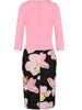 Womens Elegant Floral Print Patchwork Faux Work Office Knee Length 2/3 Sleeve Business Casual Party Pencil Bodycon Sheath Dress