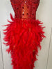 Stock Women Sexy Sparkly Rhinestone Mesh Feather Long Dress Elegant Evening Party Celebrate Birthday Performance Costume