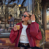 Women Stand Collar Leather Pilot Jacket Red Zipper Cropped Coat Casual Outerwear Streetwear