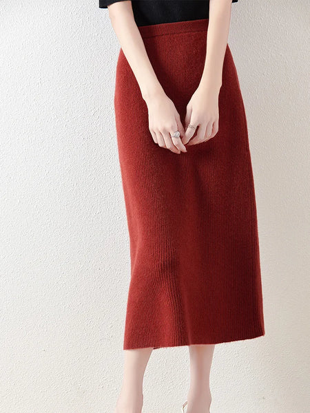 100% Merino Wool Skirt Women's Elastic Waist Cashmere Striped Skirts Office Lady Knitted Simple Dress Thickening Autumn Winter